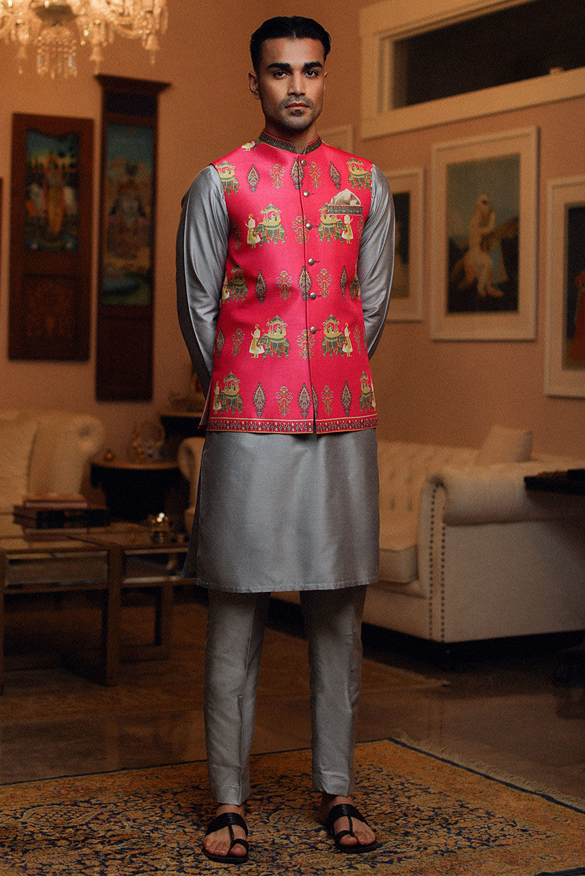 Grey Cotton Silk Kurta Pajama with Pink Waistcoat (3-Piece) - Image 1