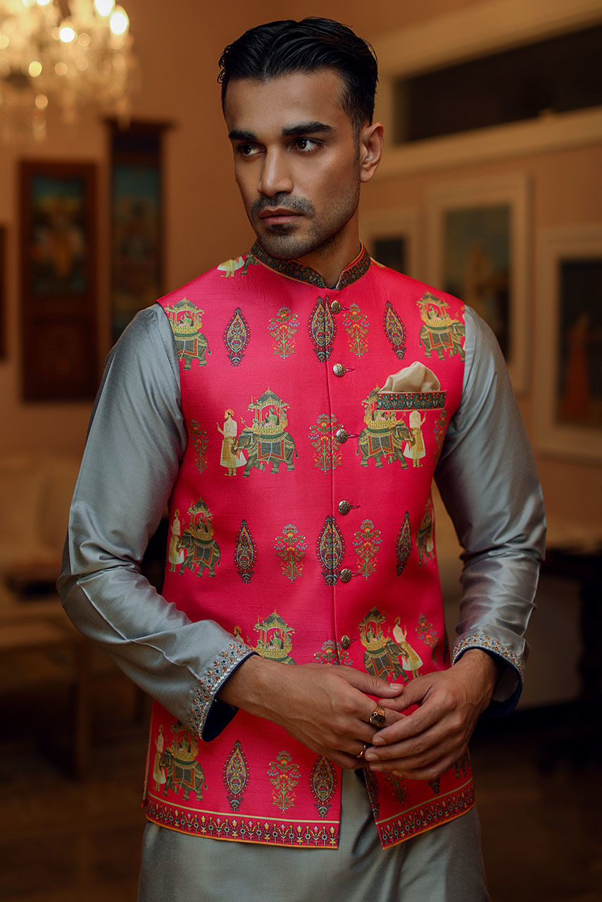 Grey Cotton Silk Kurta Pajama with Pink Waistcoat (3-Piece) - Image 2
