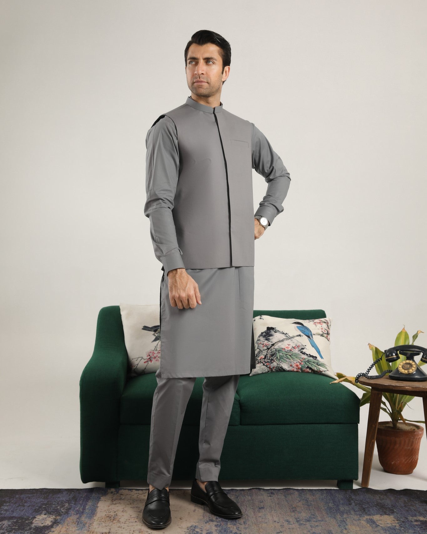Light Grey Cotton Waistcoat Kurta Set (3-Piece) - Image 2