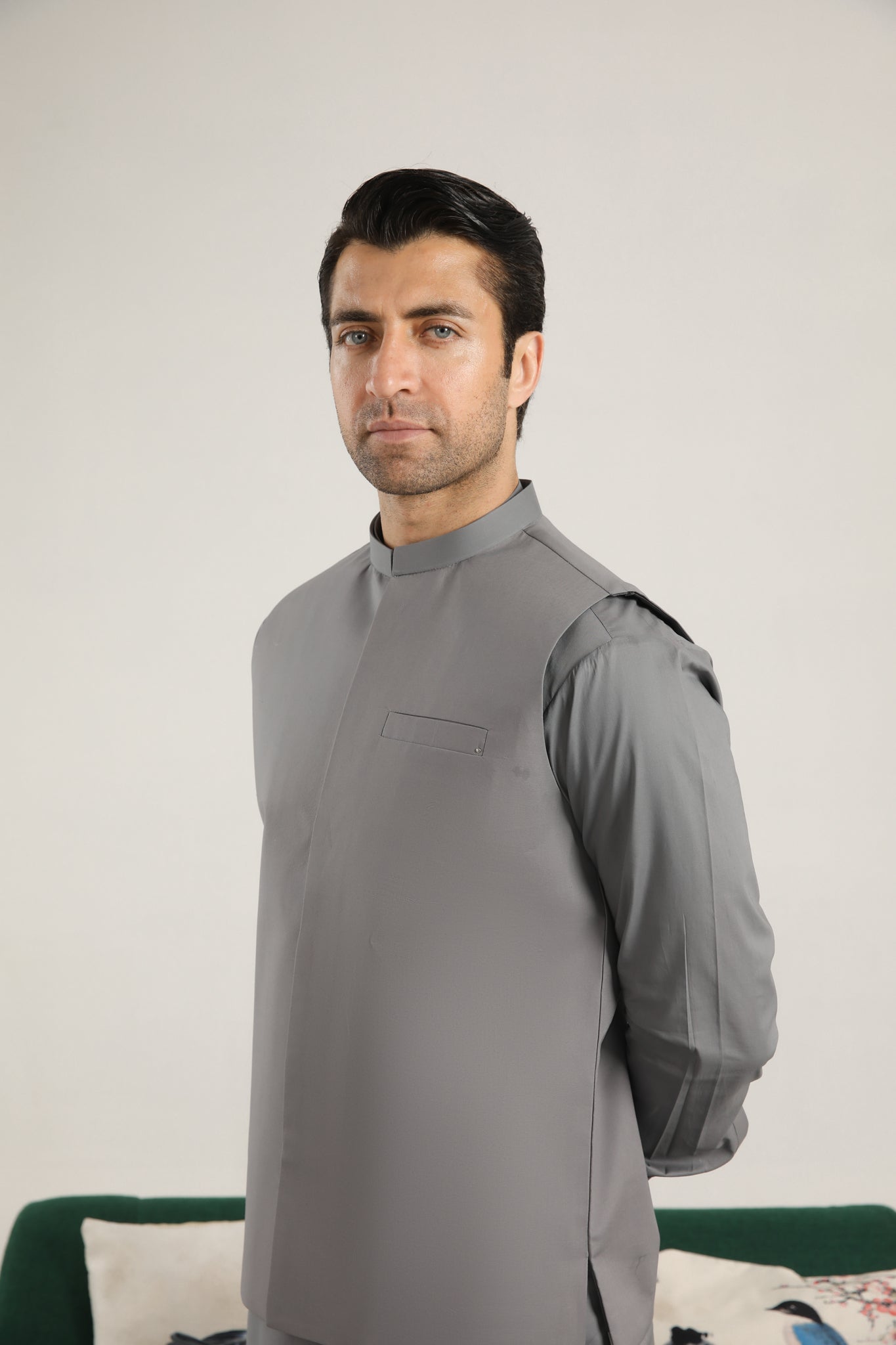 Light Grey Cotton Waistcoat Kurta Set (3-Piece) - Image 4