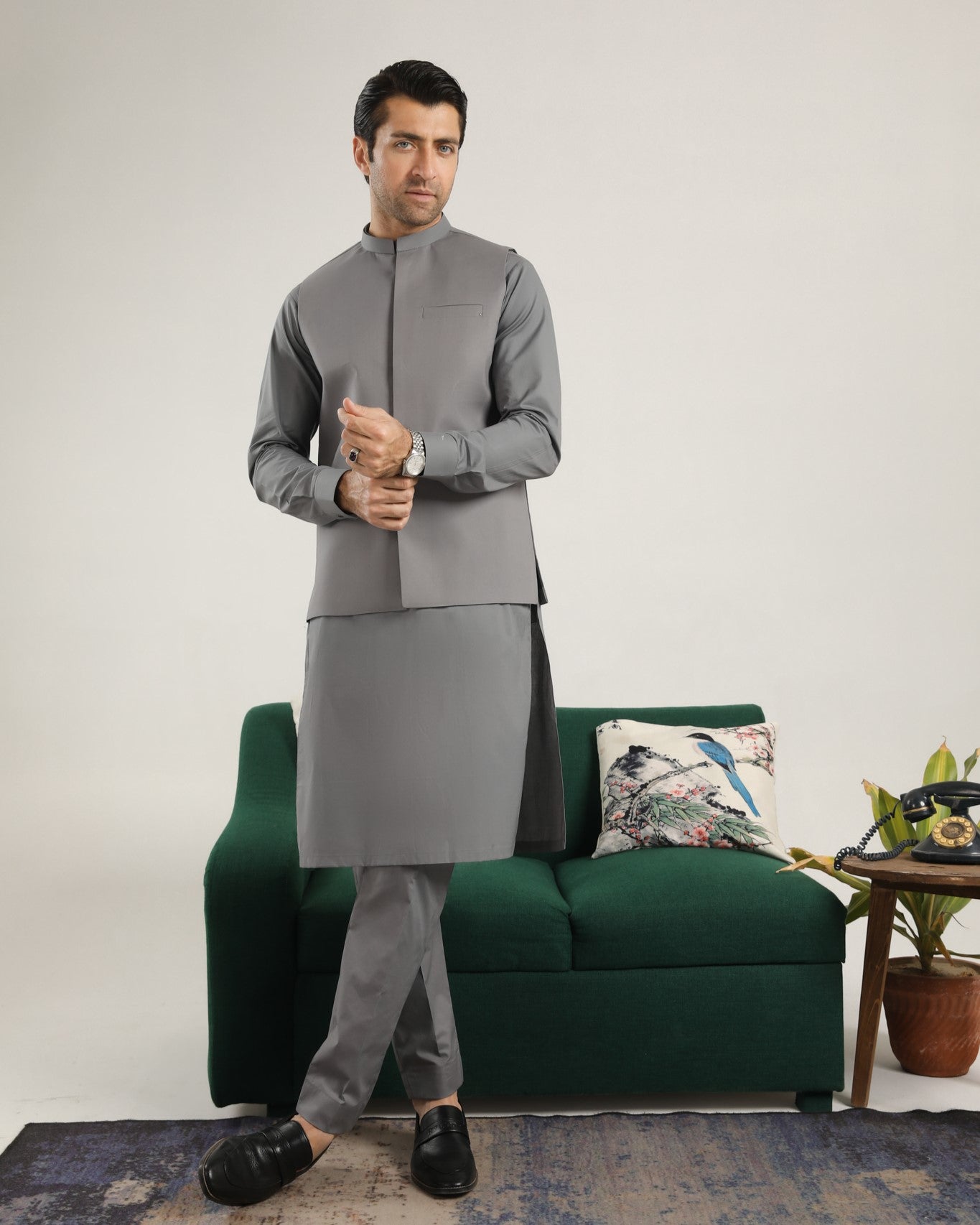 Light Grey Cotton Waistcoat Kurta Set (3-Piece) - Image 3