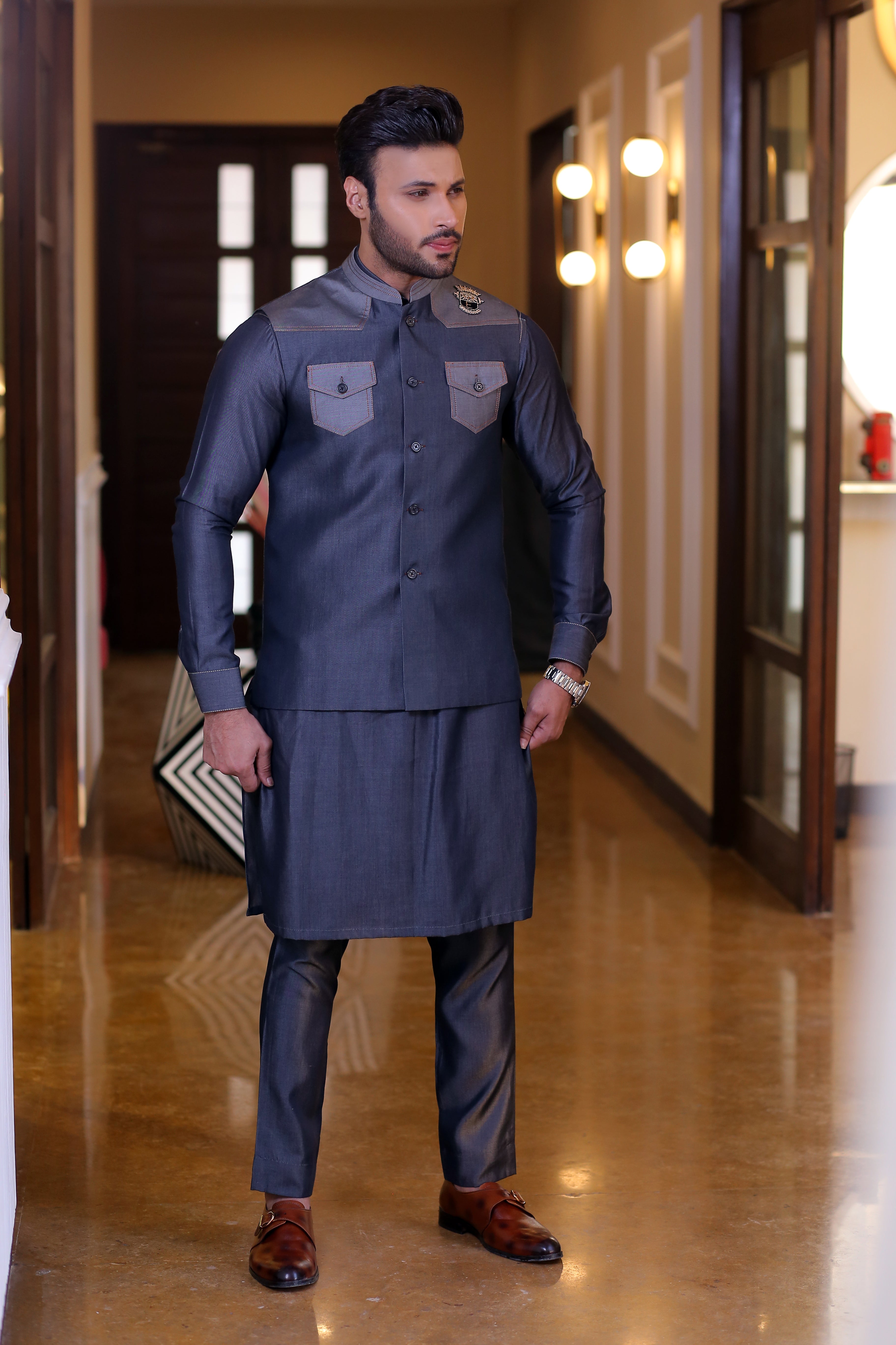 Charcoal Grey Contrast-Stitch Suiting Waistcoat Kurta (3-Piece) - Image 1