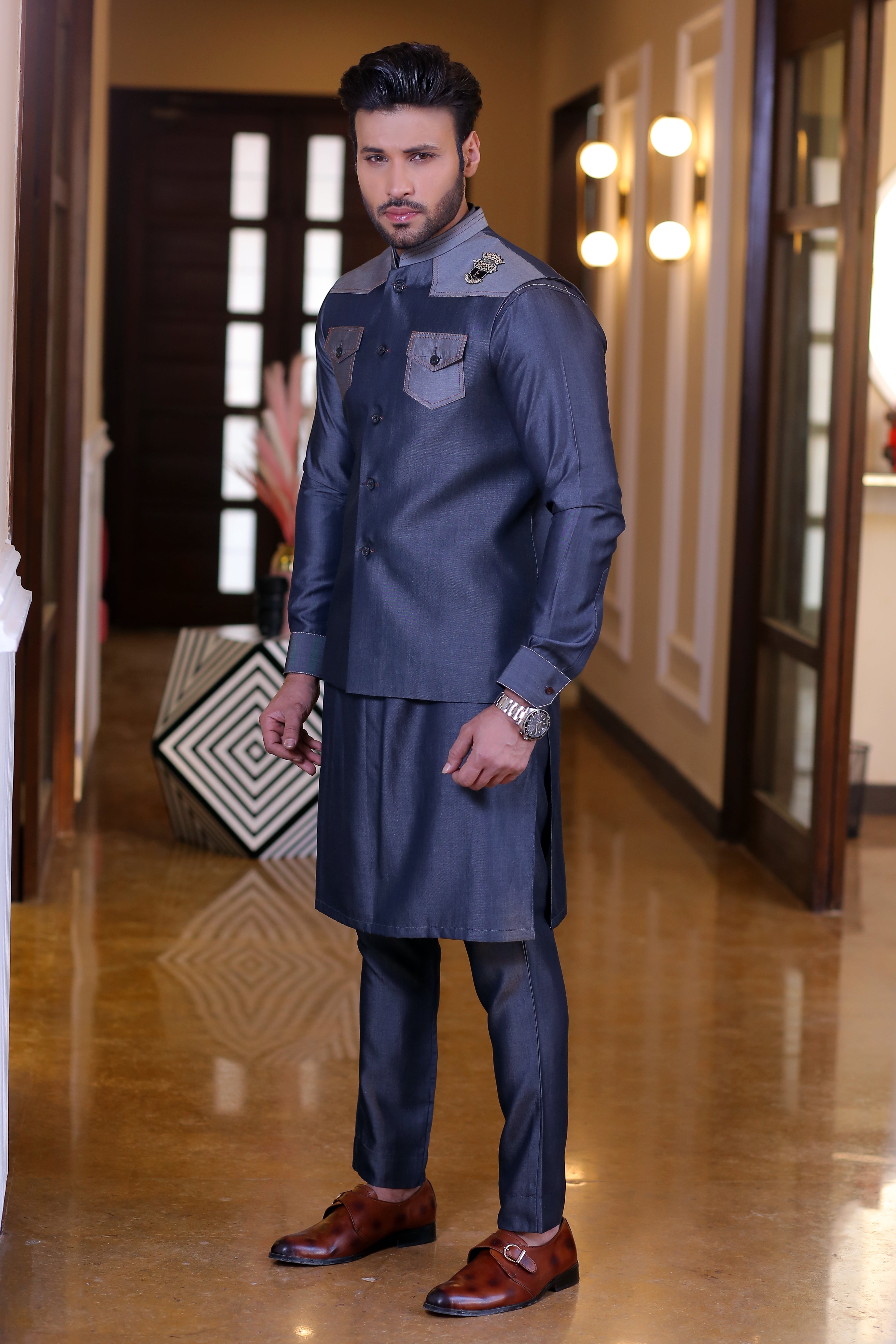 Charcoal Grey Contrast-Stitch Suiting Waistcoat Kurta (3-Piece) - Image 3