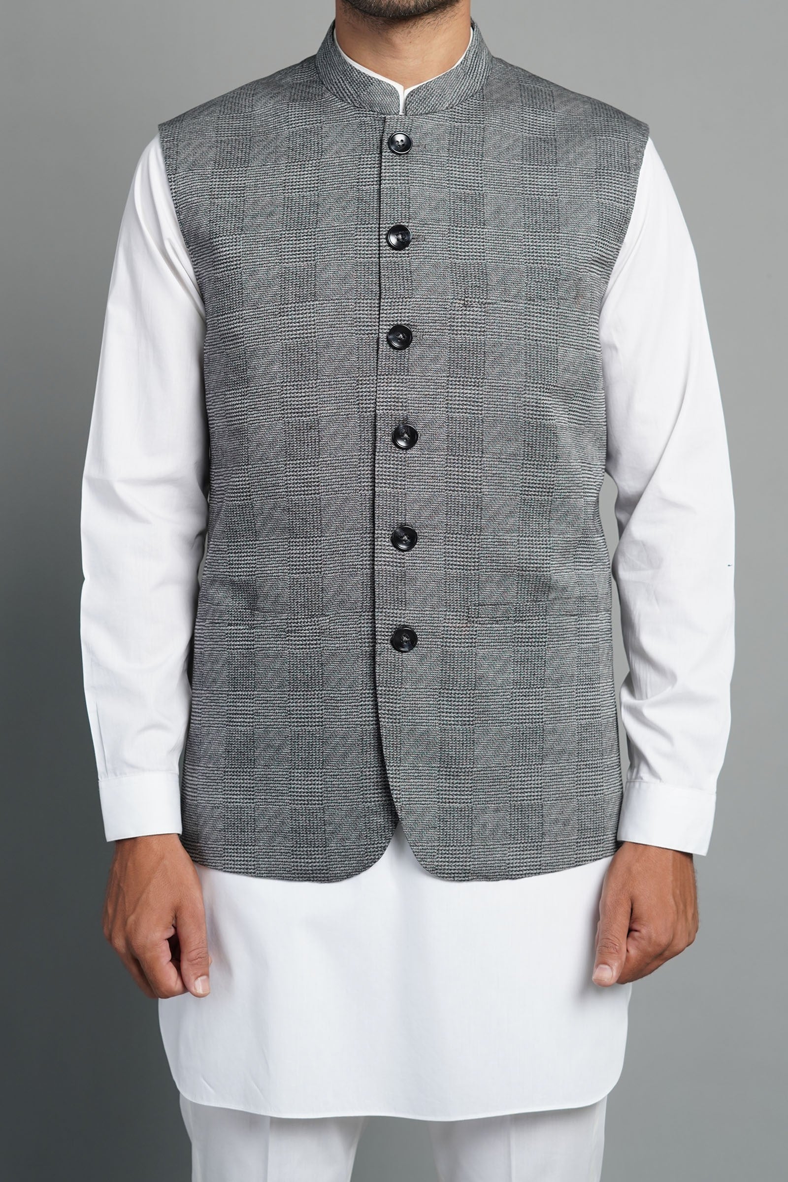 Grey Jacquard Waistcoat Kurta Set (3-Piece) - Image 1
