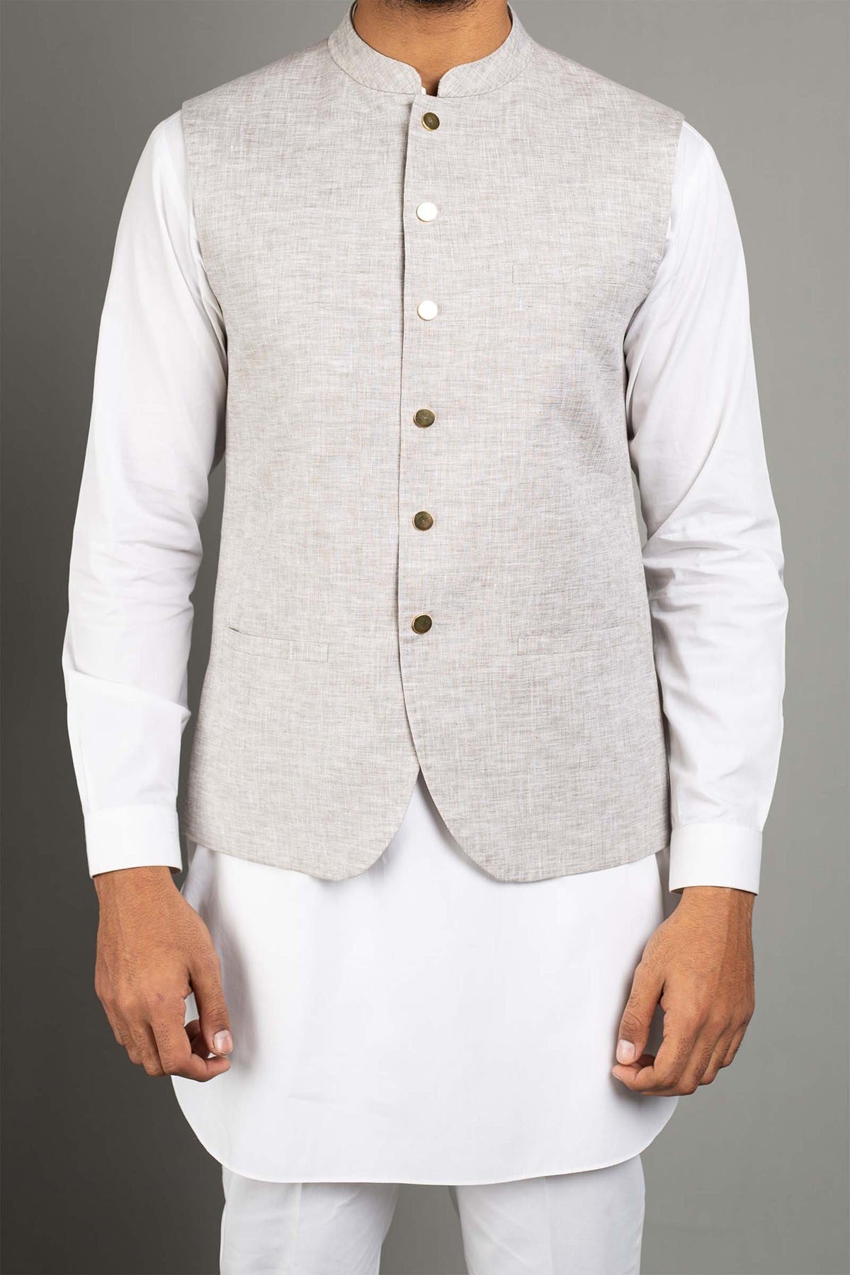 Grey Solbiati Linen Waistcoat with Gold-Plated Buttons (3-Piece) - Image 1