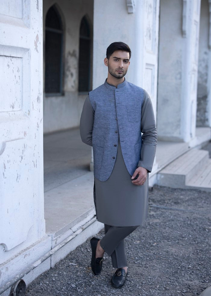 Grey Linen Waistcoat Kurta 3-Piece Set - Image 1