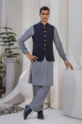 Aqua Grey Waistcoat Kurta Shalwar (3-Piece) - Image 2