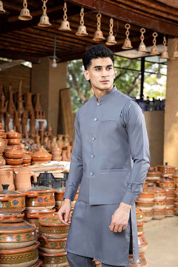 Grey Solid Poly-Viscose Waistcoat Kurta Set (3-Piece) - Image 1