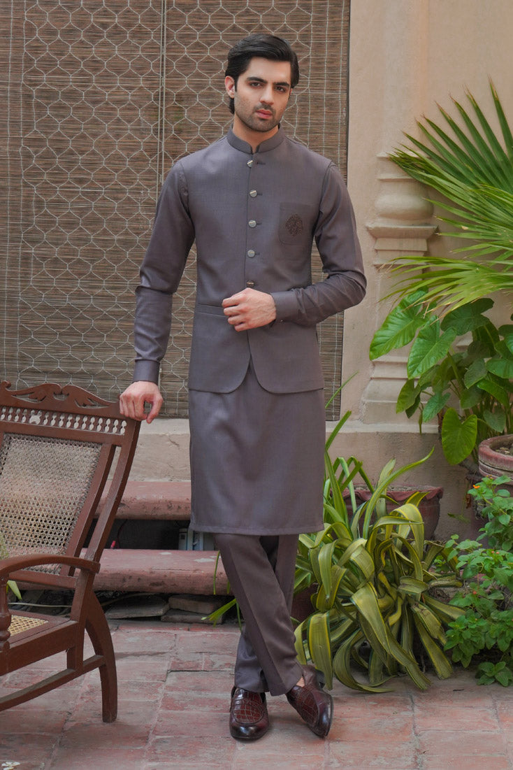 French Grey Embroidered Poly Viscose Waistcoat Kurta (3-Piece) - Image 1