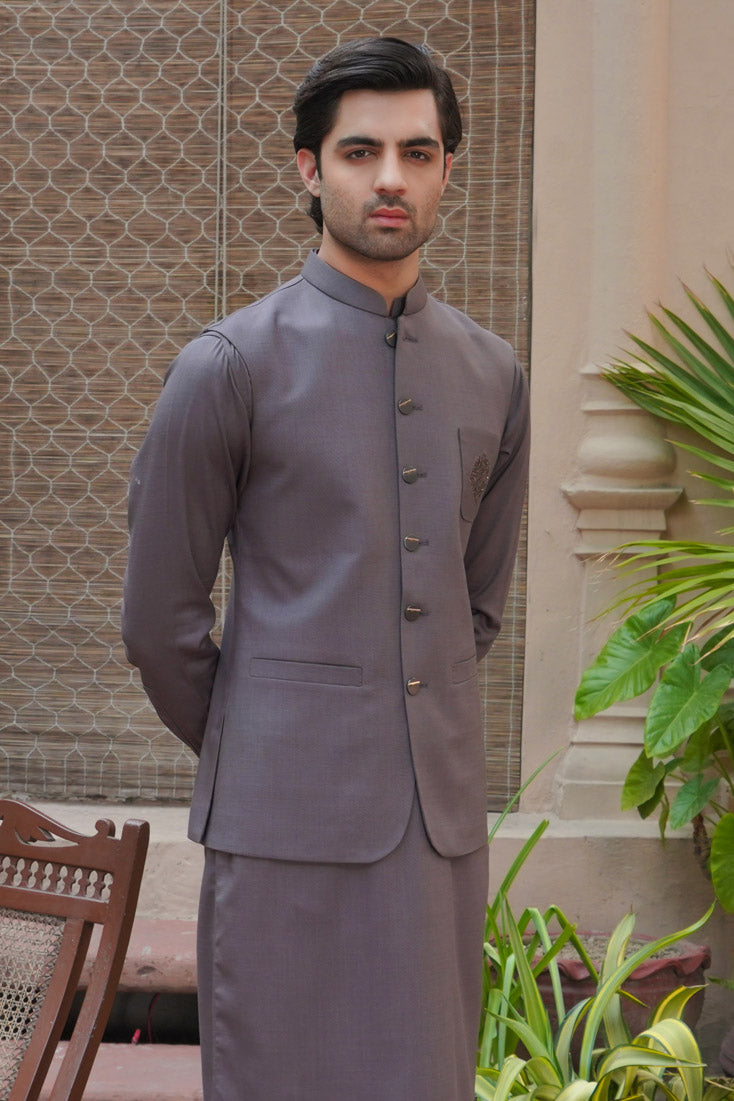 French Grey Embroidered Poly Viscose Waistcoat Kurta (3-Piece) - Image 2