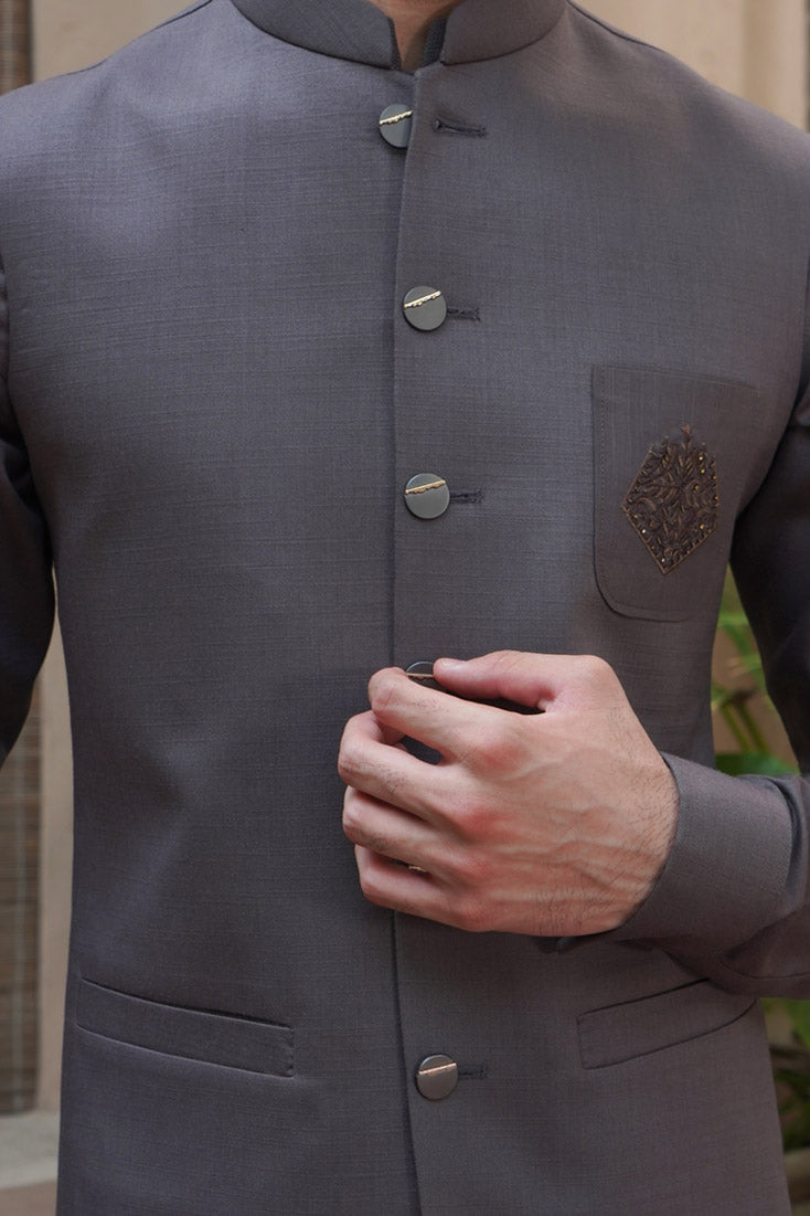 French Grey Embroidered Poly Viscose Waistcoat Kurta (3-Piece) - Image 3