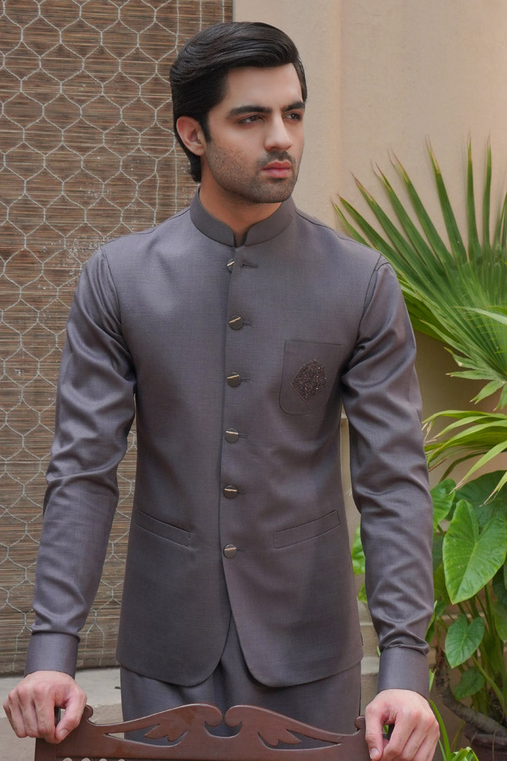 French Grey Embroidered Poly Viscose Waistcoat Kurta (3-Piece) - Image 4