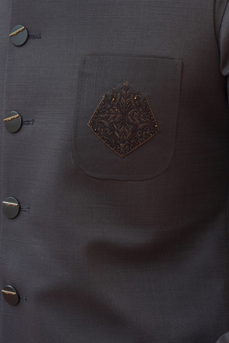 French Grey Embroidered Poly Viscose Waistcoat Kurta (3-Piece) - Image 5