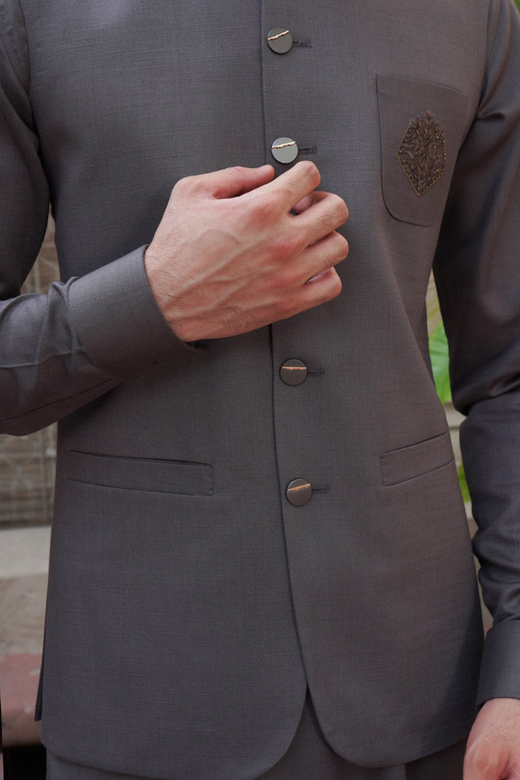 French Grey Embroidered Poly Viscose Waistcoat Kurta (3-Piece) - Image 6