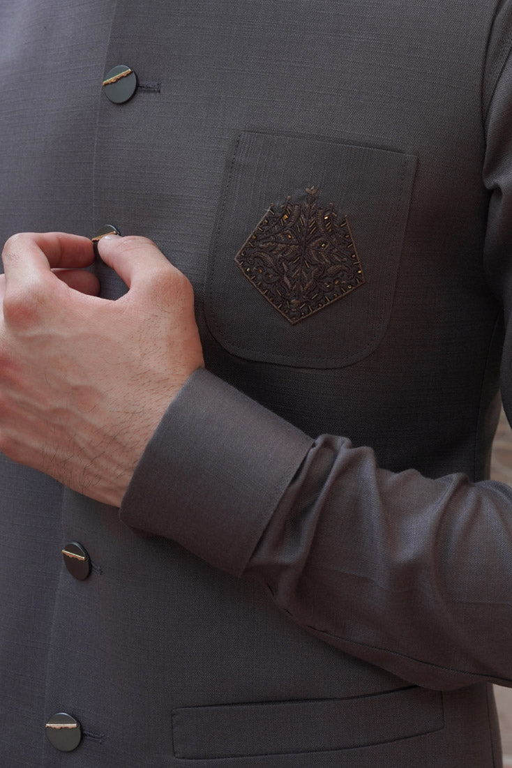 French Grey Embroidered Poly Viscose Waistcoat Kurta (3-Piece) - Image 7