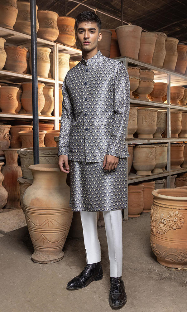 Grey Printed Raw Silk Waistcoat Kurta (3-Piece) - Image 2