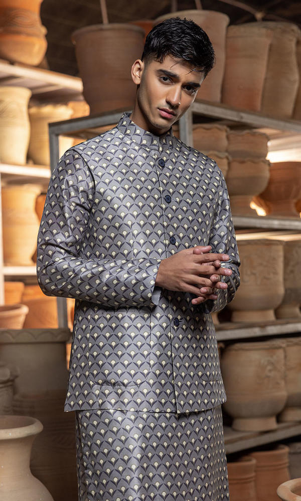 Grey Printed Raw Silk Waistcoat Kurta (3-Piece) - Image 3