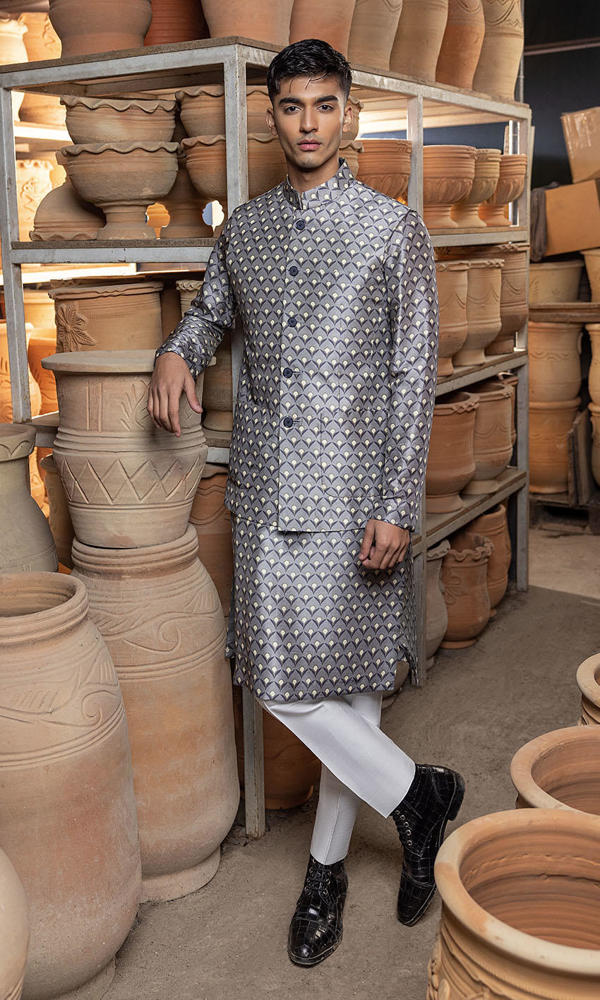 Grey Printed Raw Silk Waistcoat Kurta (3-Piece) - Image 5