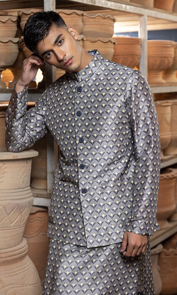 Grey Printed Raw Silk Waistcoat Kurta (3-Piece) - Image 6