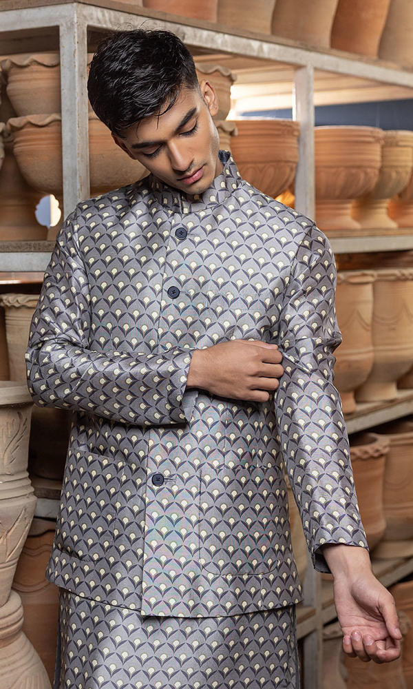 Grey Printed Raw Silk Waistcoat Kurta (3-Piece) - Image 7
