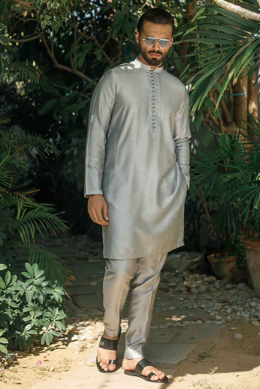 Grey Embroidered Raw Silk Waistcoat Kurta (3-Piece) - Image 3