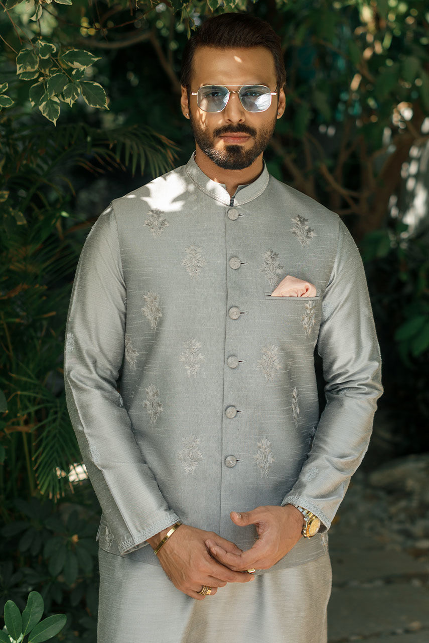 Grey Embroidered Raw Silk Waistcoat Kurta (3-Piece) - Image 5