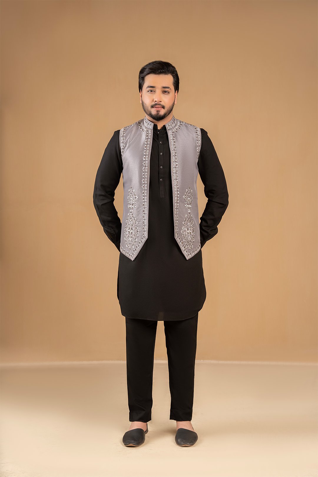 Grey Embroidered Silk Waistcoat Kurta (3-Piece) - Image 1