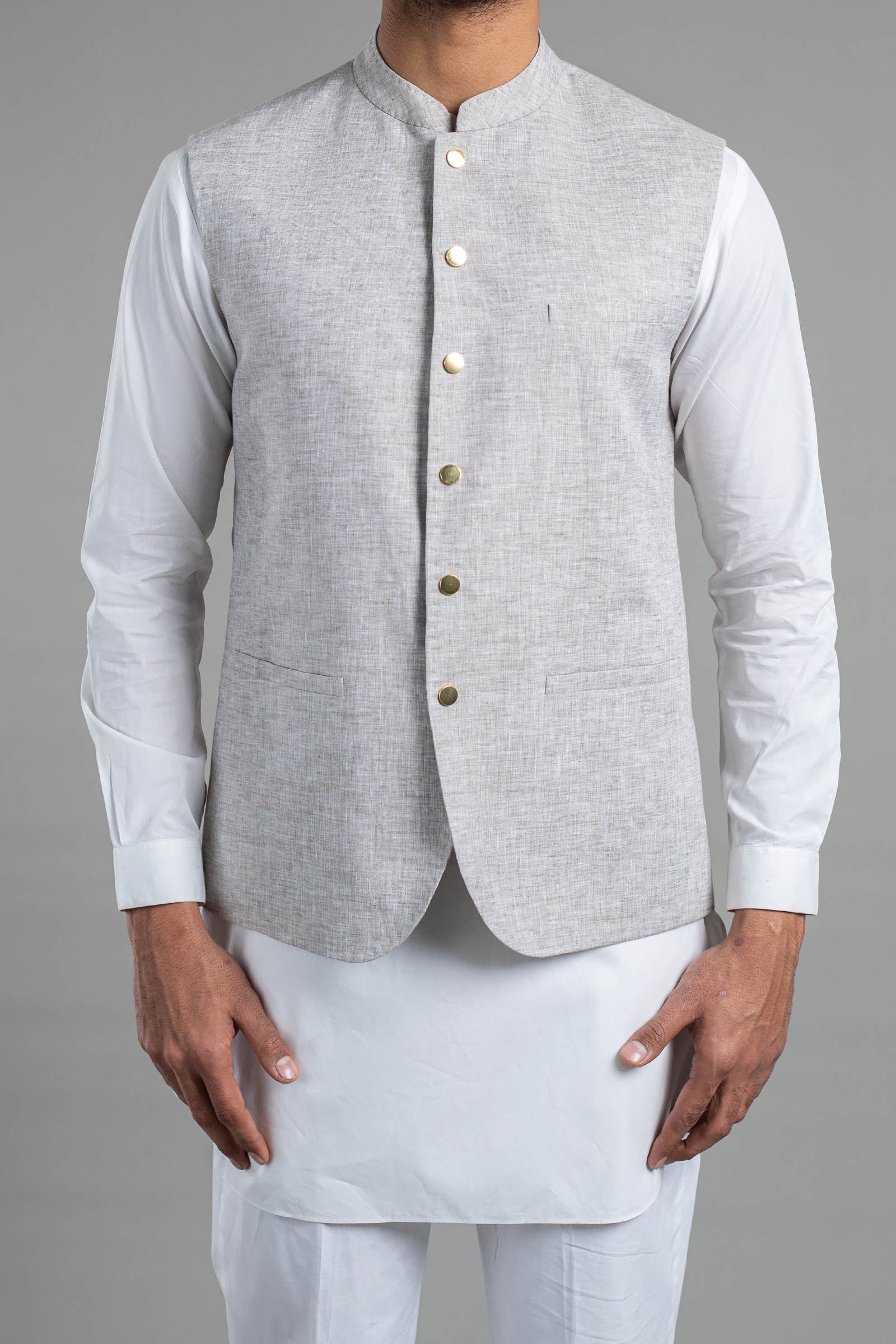 Grey Solbiati Linen Waistcoat with Gold-Plated Buttons (3-Piece) - Image 1