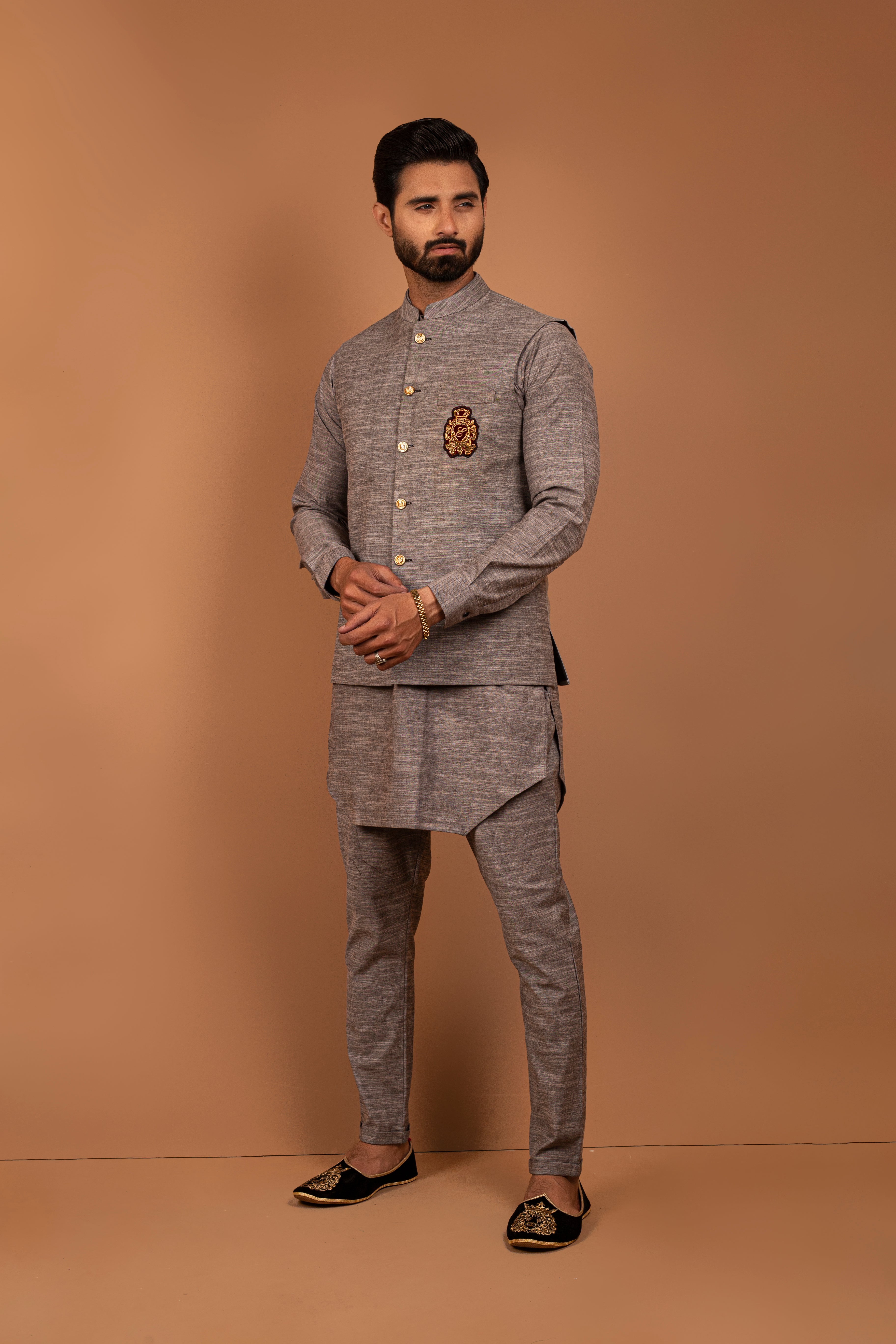 Grey Crest Embroidered Suiting Waistcoat (3-Piece) - Image 1