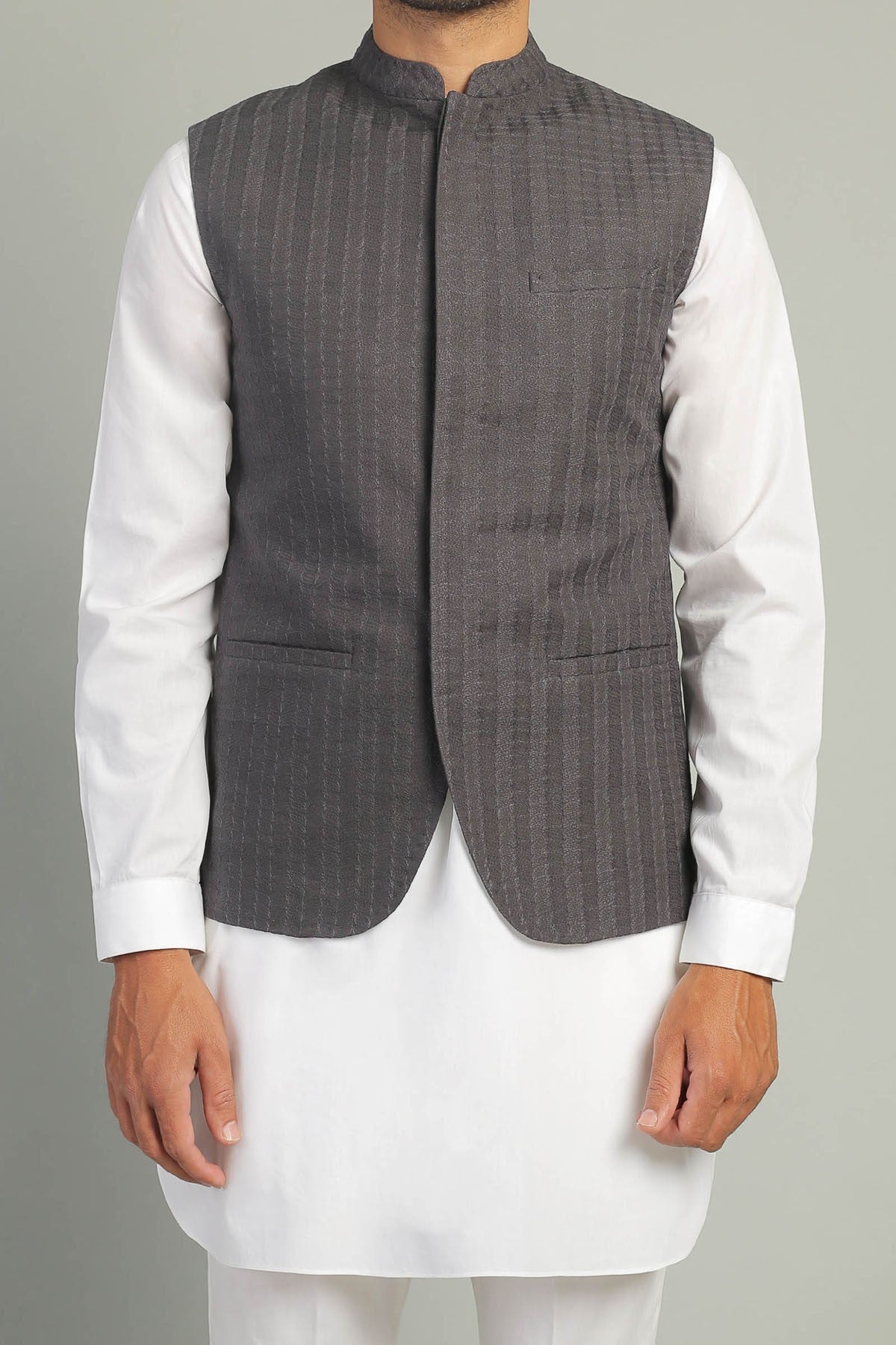 Grey Embroidered Suiting Waistcoat Kurta Set (3-Piece) - Image 1