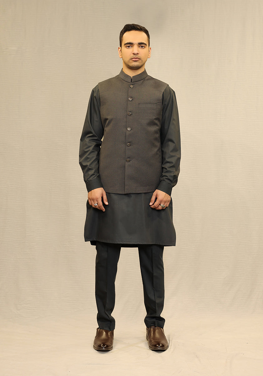 Forged Iron Suiting Fabric Waistcoat Kurta (3-Piece) - Image 2