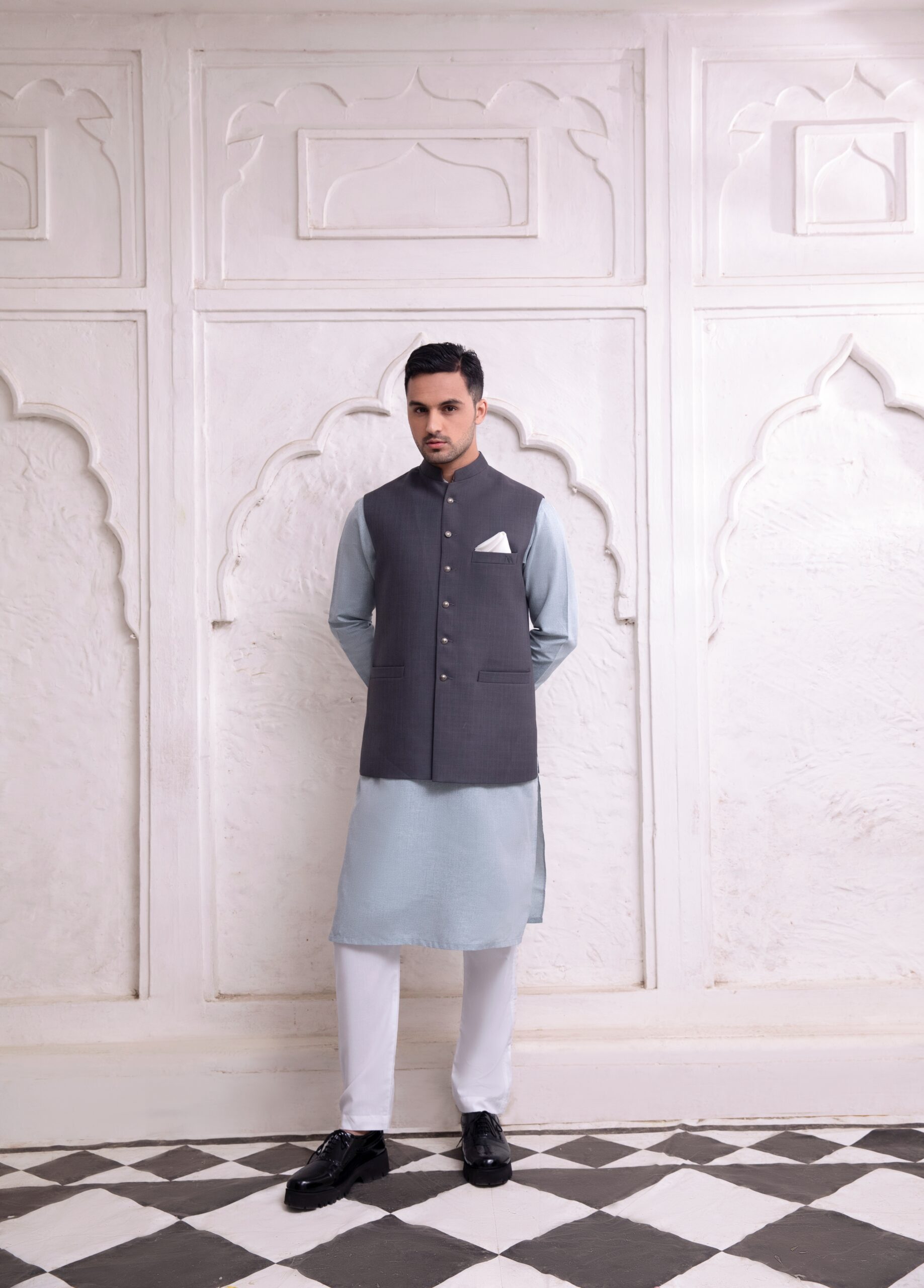 Charcoal Grey Suiting Waistcoat Kurta Set (3-Piece) - Image 1