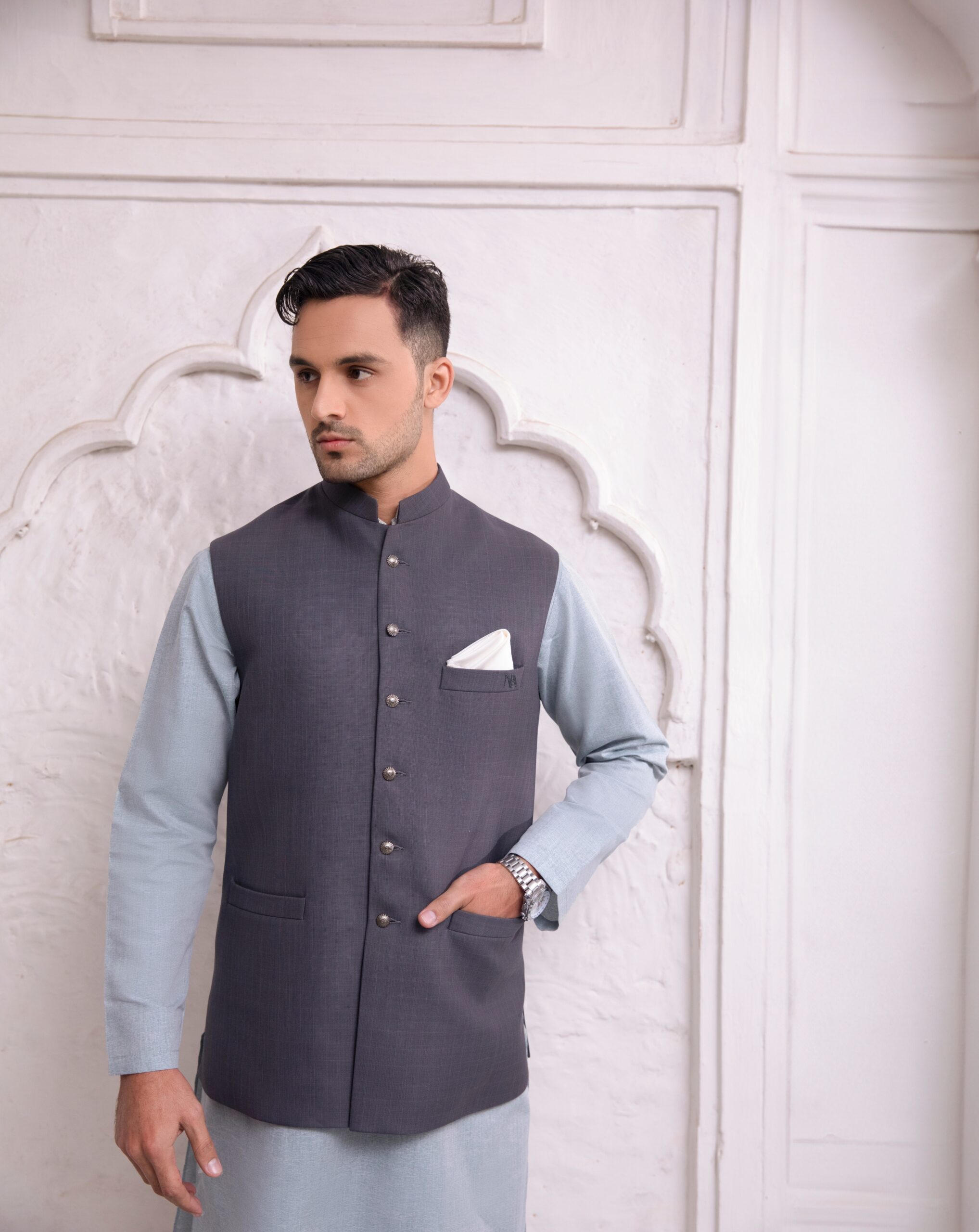 Charcoal Grey Suiting Waistcoat Kurta Set (3-Piece) - Image 2