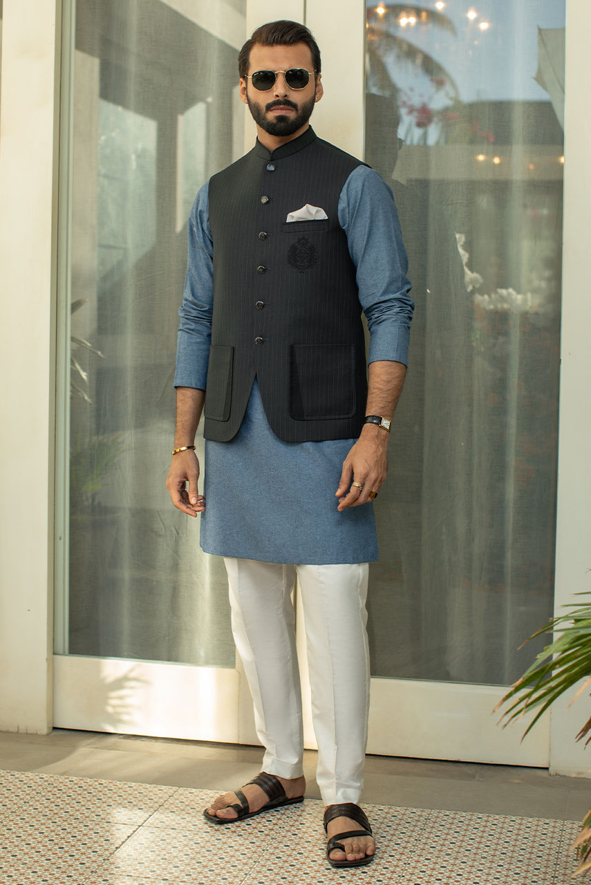 Grey Pinstriped Embroidered Suiting Waistcoat (3-Piece) - Image 1