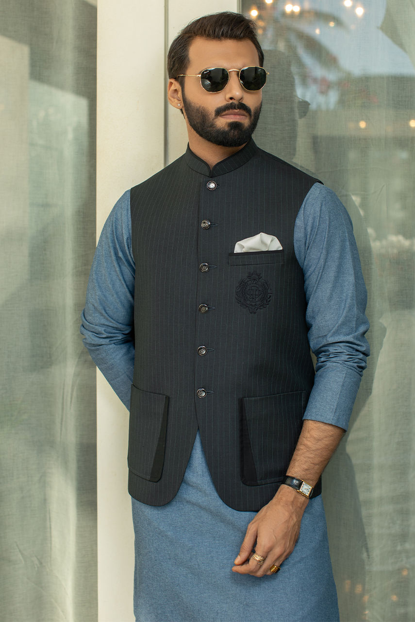 Grey Pinstriped Embroidered Suiting Waistcoat (3-Piece) - Image 2