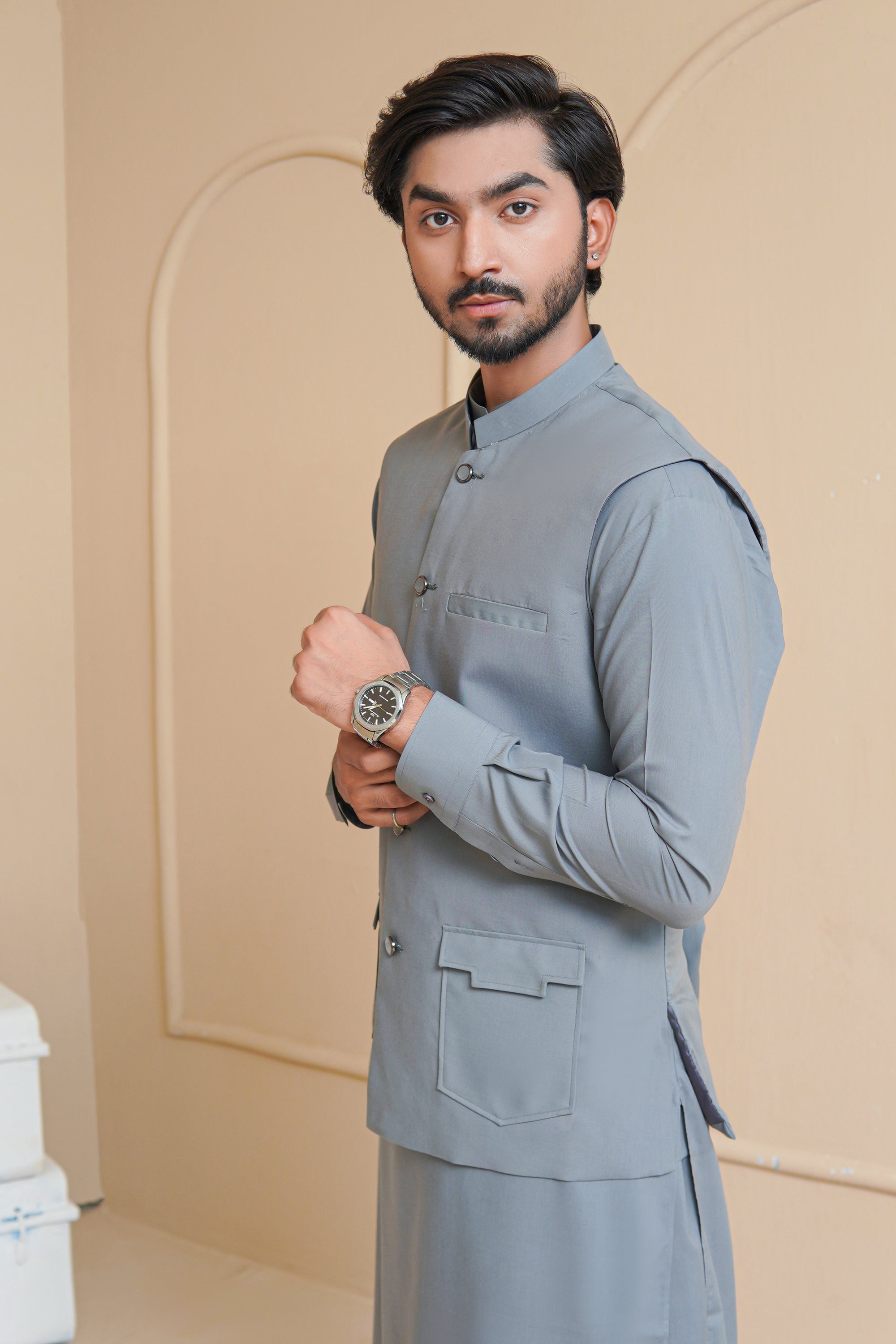 Cool Grey Premium Suiting Waistcoat Kurta (3-Piece) - Image 1