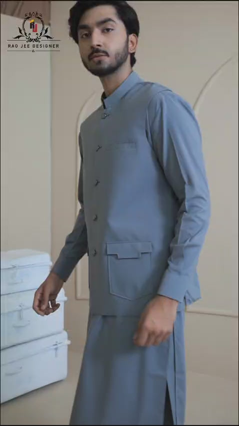Cool Grey Premium Suiting Waistcoat Kurta (3-Piece) - Image 2