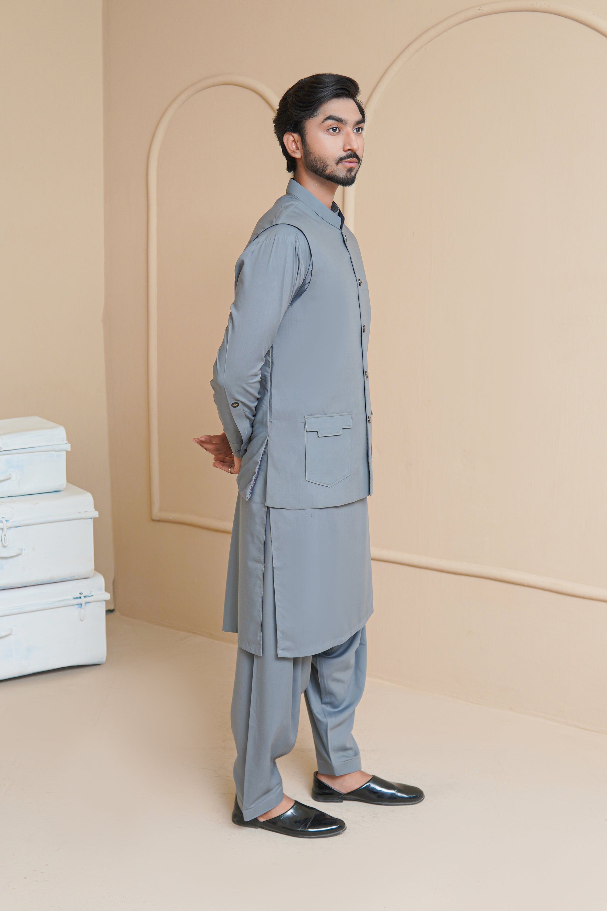 Cool Grey Premium Suiting Waistcoat Kurta (3-Piece) - Image 3