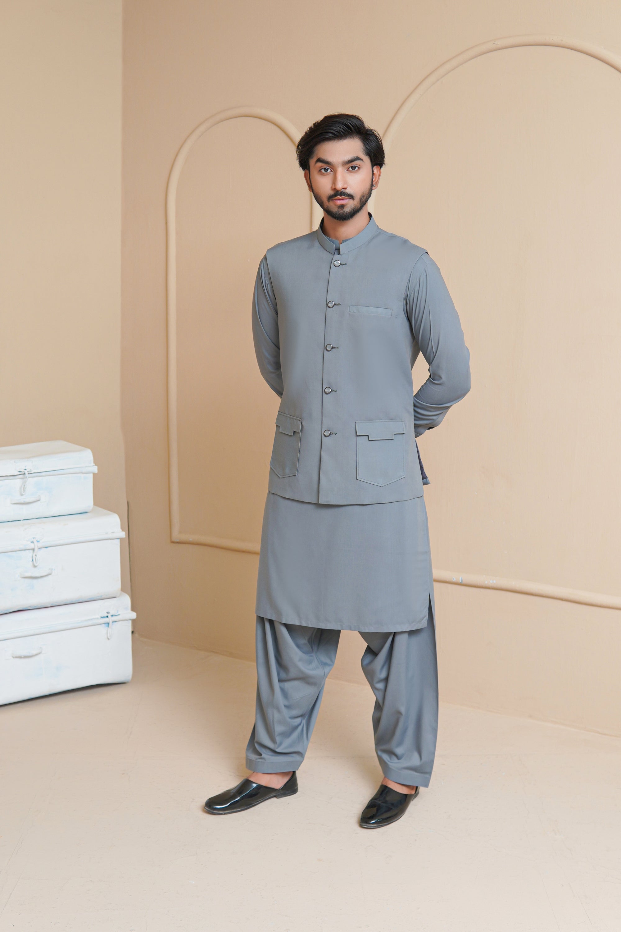 Cool Grey Premium Suiting Waistcoat Kurta (3-Piece) - Image 6