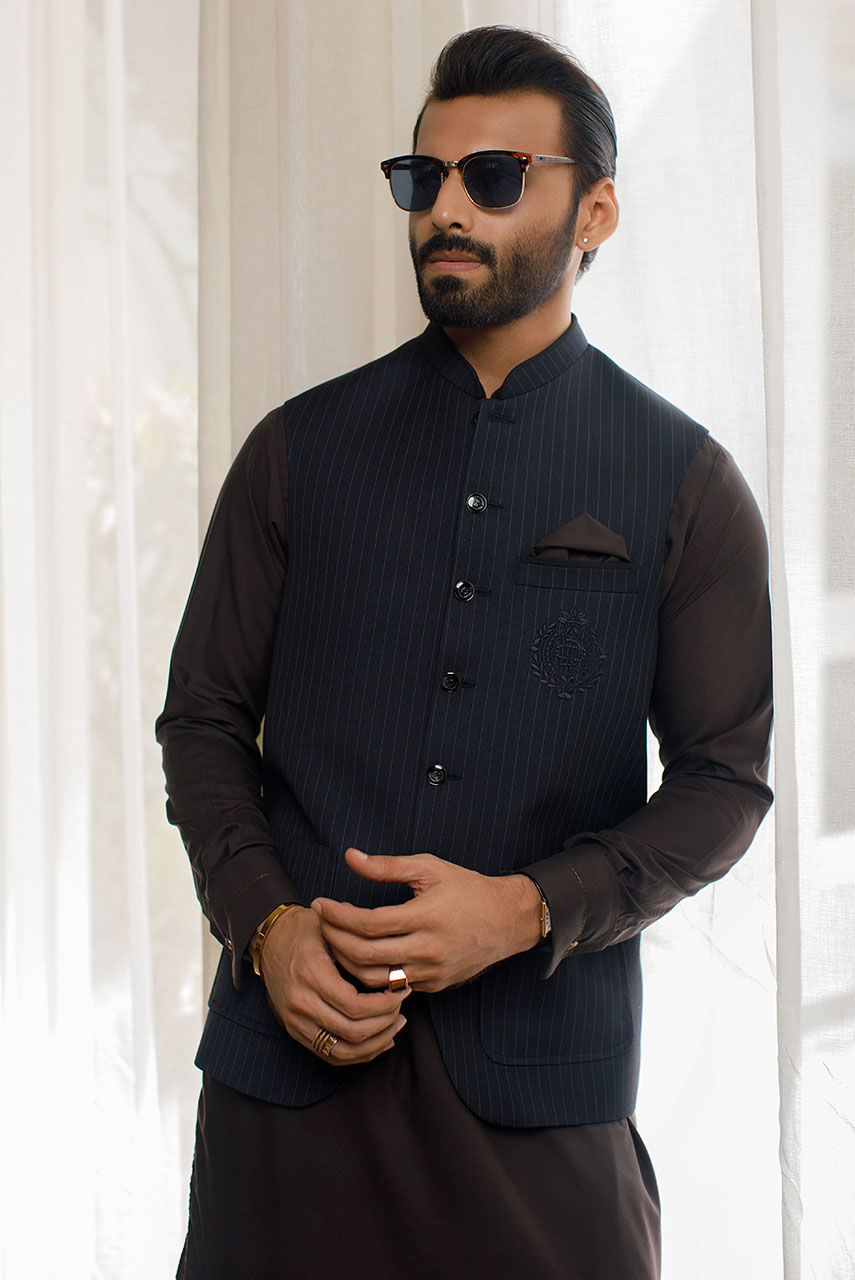 Grey Pinstripe Embroidered Suiting Waistcoat (3-Piece) - Image 1