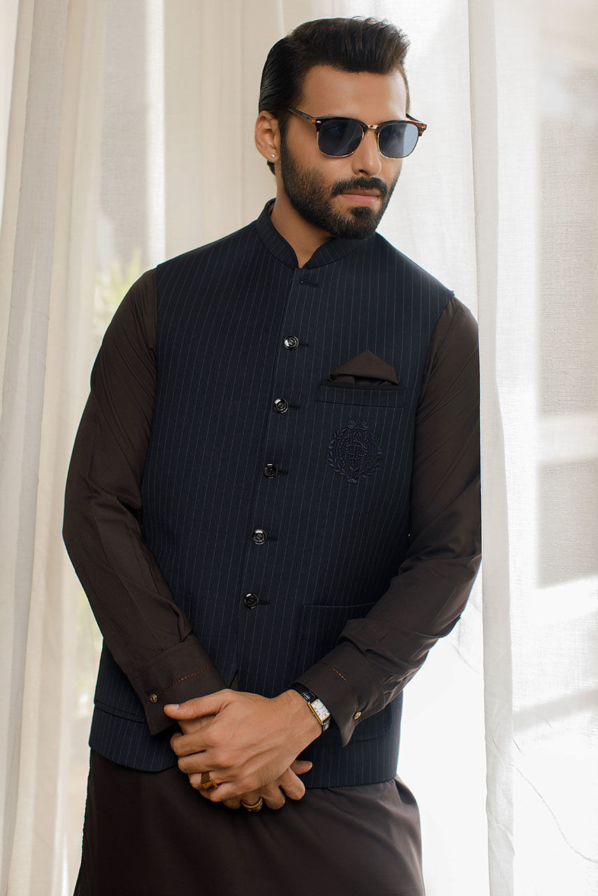 Grey Pinstripe Embroidered Suiting Waistcoat (3-Piece) - Image 2