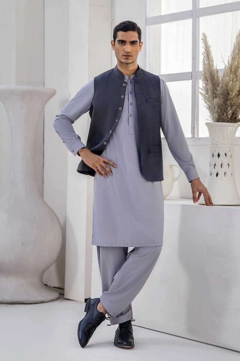 Steel Grey Waistcoat Kurta Shalwar (3-Piece) - Image 1