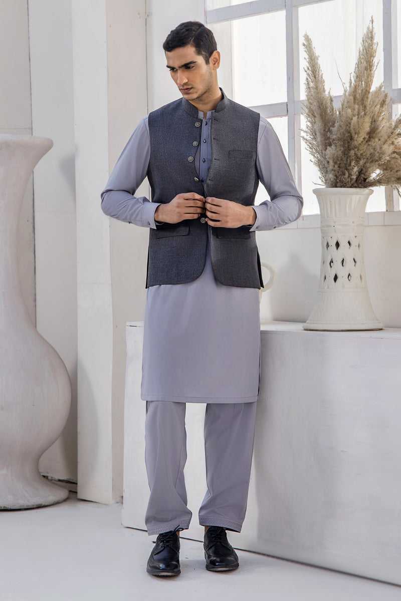 Steel Grey Waistcoat Kurta Shalwar (3-Piece) - Image 2