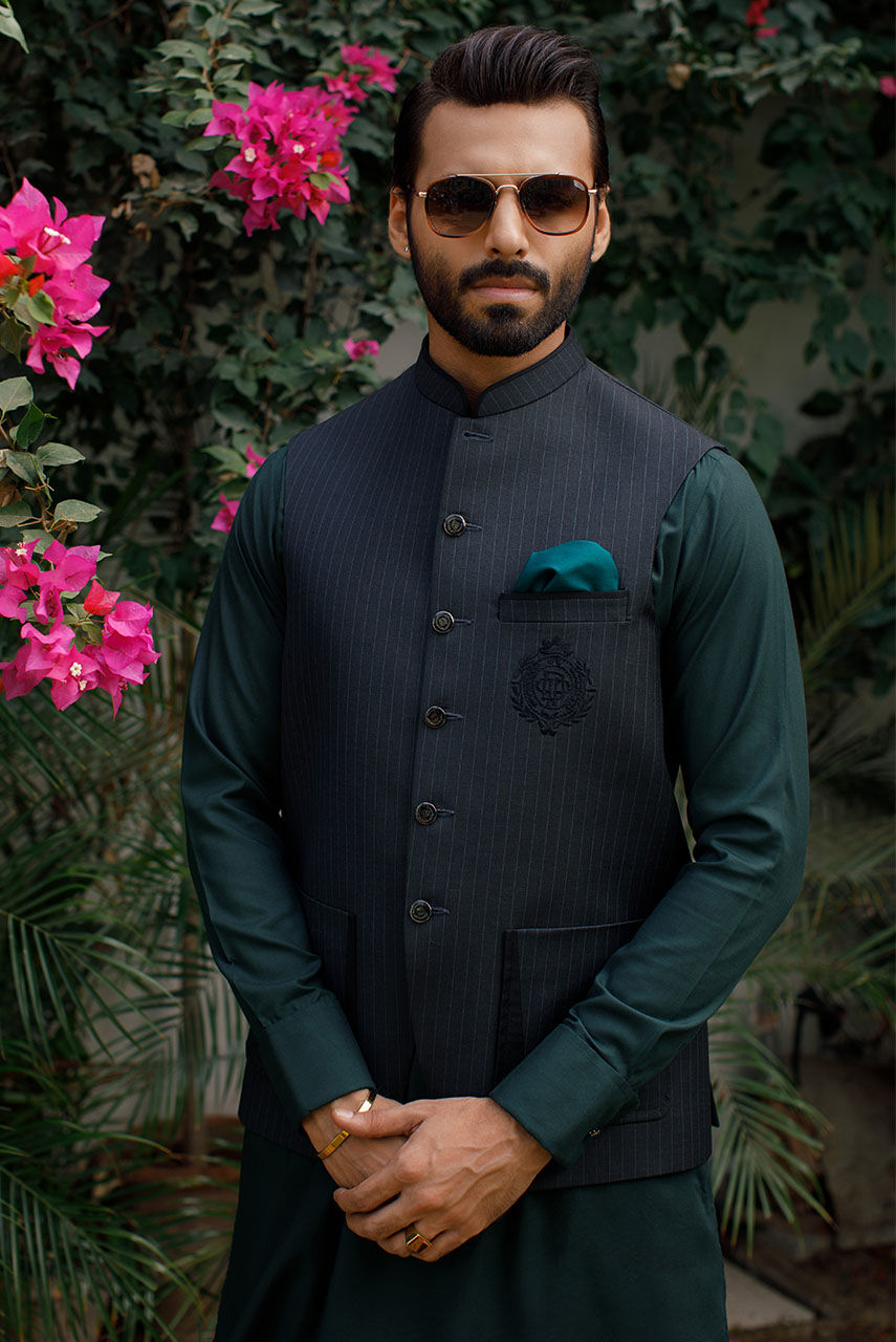 Grey Pinstripe Embroidered Suiting Waistcoat (3-Piece) - Image 1