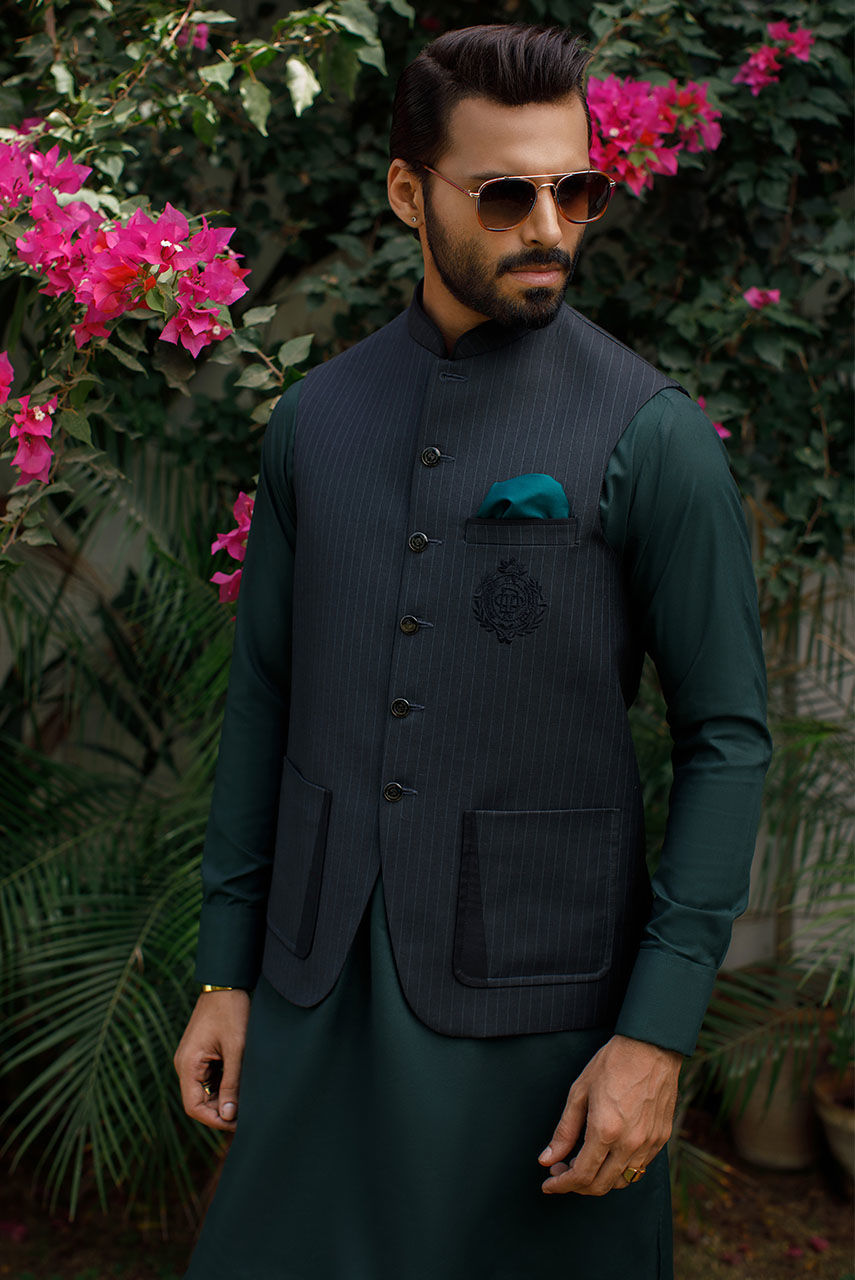 Grey Pinstripe Embroidered Suiting Waistcoat (3-Piece) - Image 2