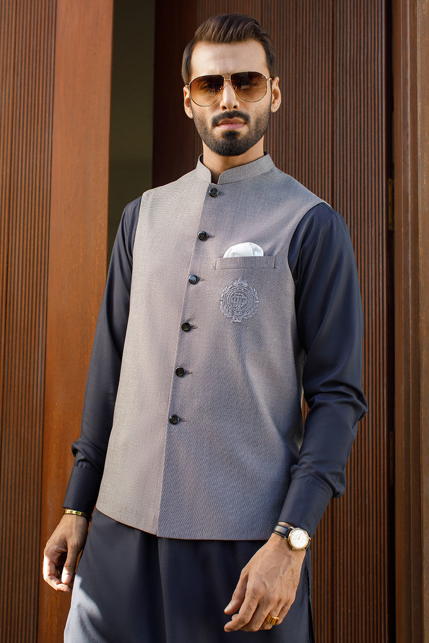Grey Embroidered Suiting Waistcoat Kurta Set (3-Piece) - Image 1