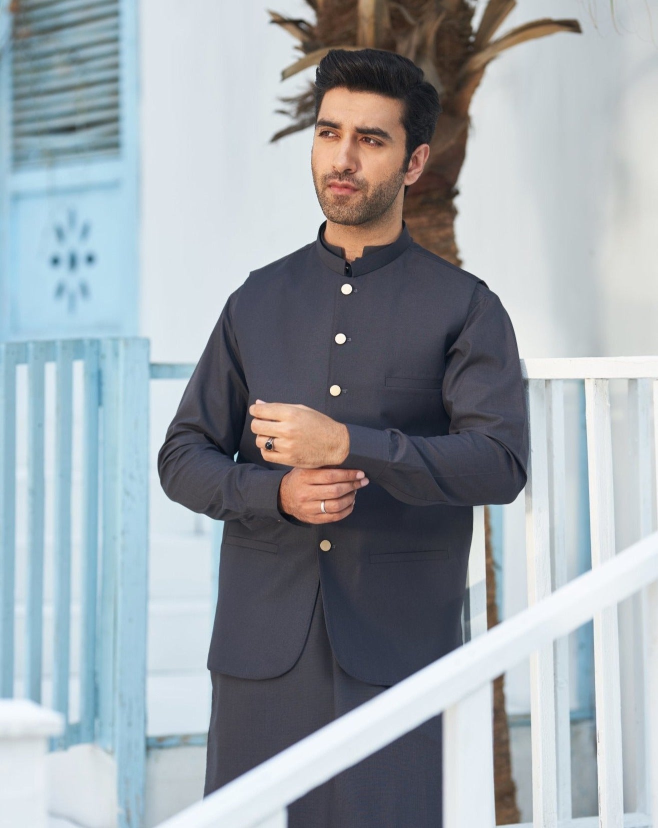 Charcoal Grey Blended Waistcoat Kurta (3-Piece) - Image 2