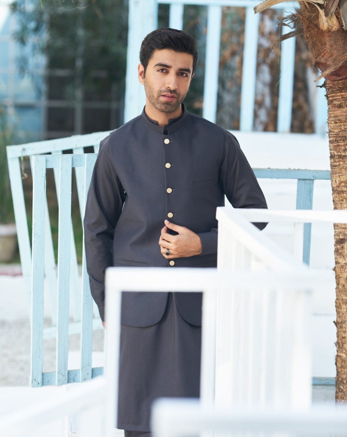 Charcoal Grey Blended Waistcoat Kurta (3-Piece) - Image 3