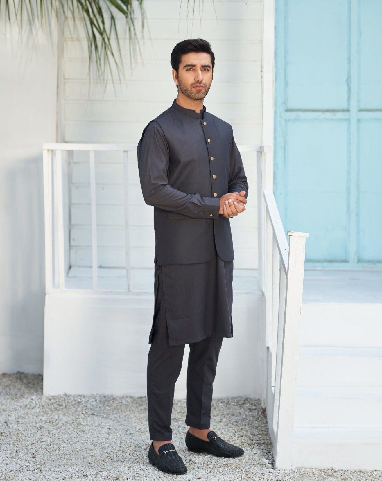 Charcoal Grey Blended Waistcoat Kurta (3-Piece) - Image 5