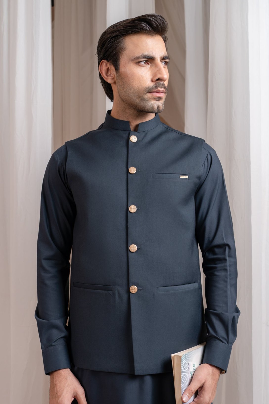 Charcoal Grey Suiting Waistcoat Kurta Set (3-Piece) - Image 1